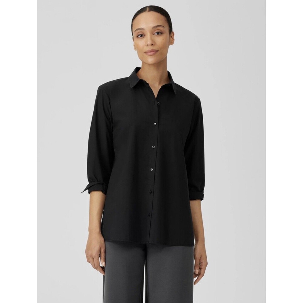 Eileen Fisher Washed Organic Cotton Poplin Tunic Button Down Black Shirt Large